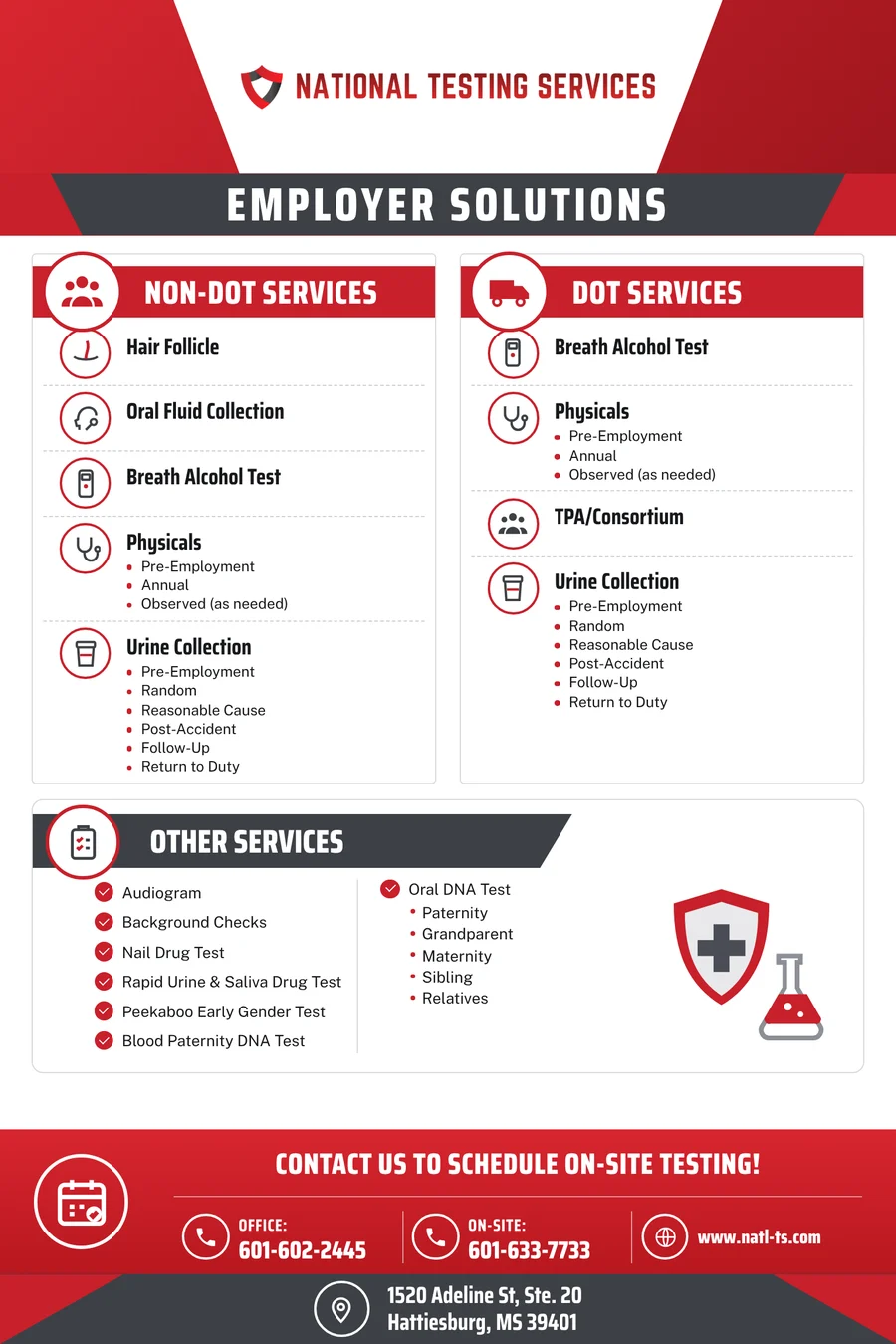 NTS Employer Solutions brochure listing DOT, non-DOT, and other services